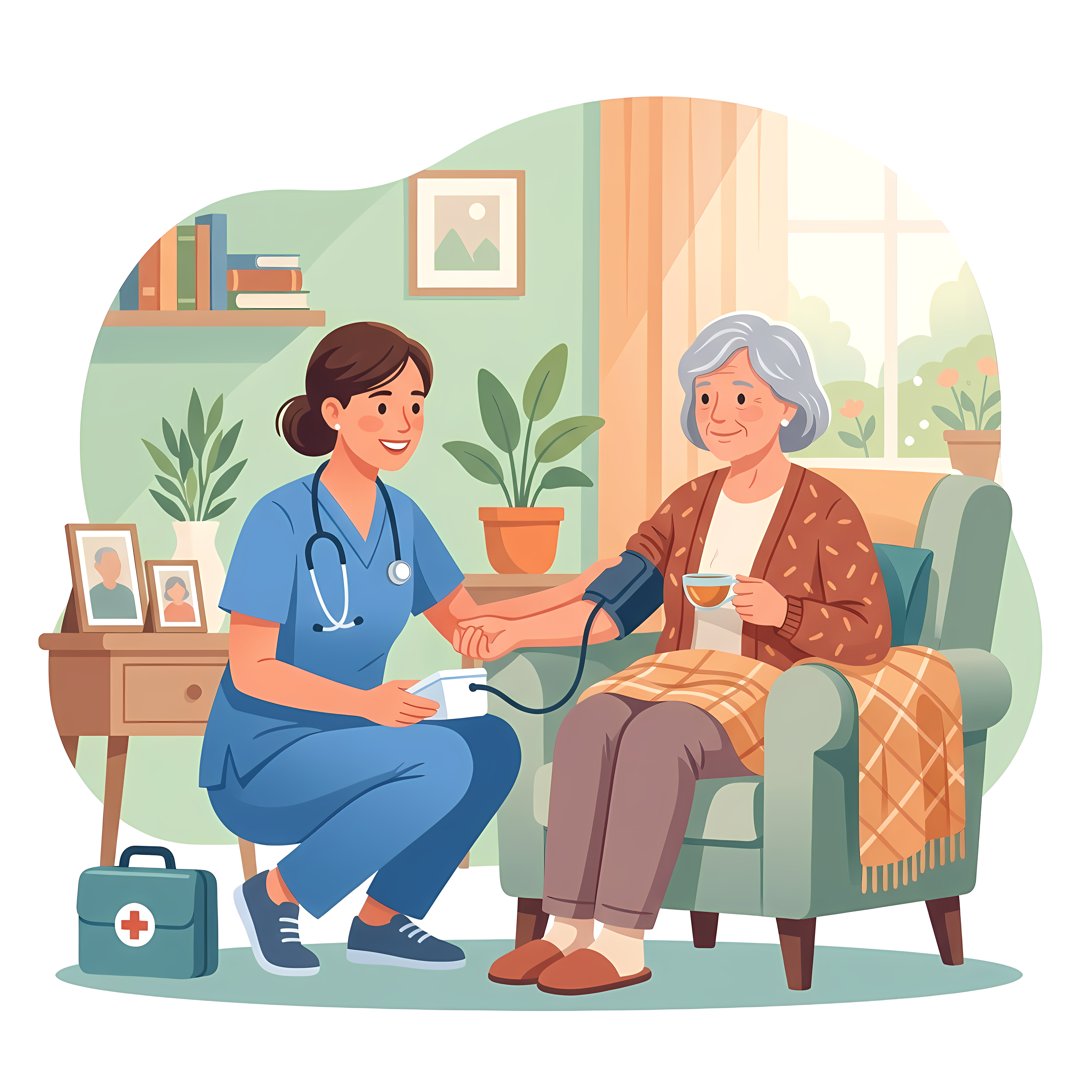 A carer checking a client's blood pressure over a cup of tea
