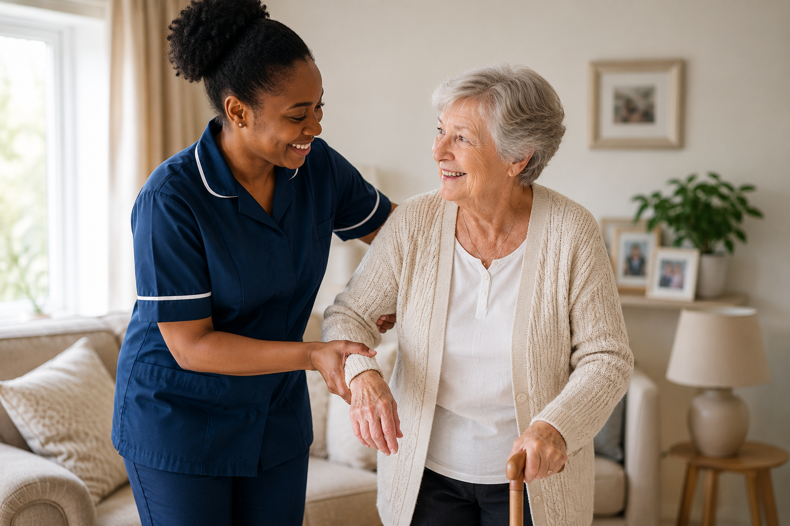 A carer helping a client walk safely at home